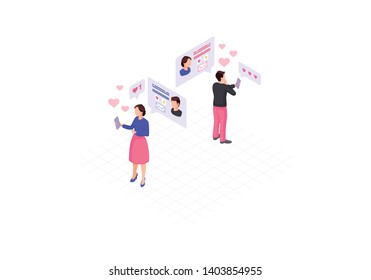 Online messaging  isometric color vector illustration. Person’s social network profile. Chatting, liking website 3d concept. Socializing infographic. Webpage, mobile app design