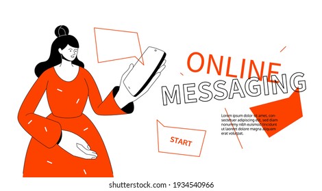 Online messaging - modern colorful line design style web banner on white background with copy space for text. Digital communication idea. A composition with a woman holding a smartphone, chatting
