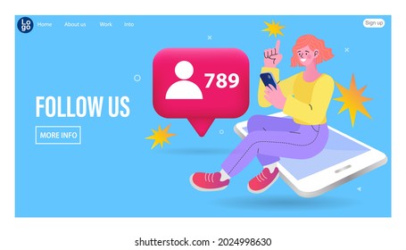 Online messaging service web banner. chatting mobile application. Social network landing page with woman characters. friends, followers, notification on the social media. Smartphone SNS web icon.