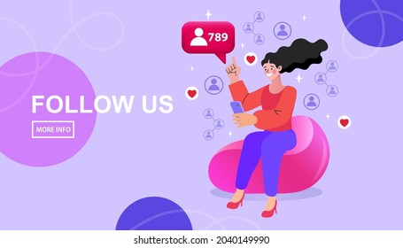Online messaging service web banner. chatting mobile application. Social network landing page with woman characters. friends, followers, notification on the social media. Smartphone SNS web icon.