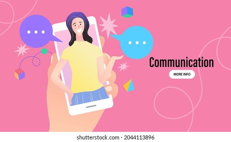 Online messaging service web banner. chatting mobile application. Social network landing page with woman characters. friends, followers, notification on the social media. Smartphone SNS web icon.