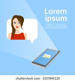 Online Messaging Smart Phone With Girl In Chat Bubble Over Background With Copy Space Flat Vector Illustration