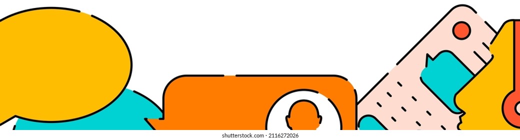 Online messaging and support related horizontal banner or bottom border template background. Flat filled line vector illustration isolated on white.