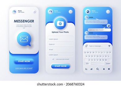 Online messenger concept neumorphic templates set. Login and registration form, chat, sending messages, keyboard. UI, UX, GUI screens for responsive mobile app. Vector design kit in neumorphism style