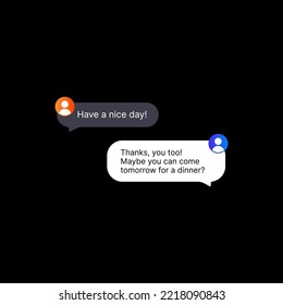 Online Messenger Interface Illustration. Social Media UI Concept on Black Background. Two Editable Speech Bubbles in Flat Design with Users Default Profile Icons. Web Element for Mobile Applications