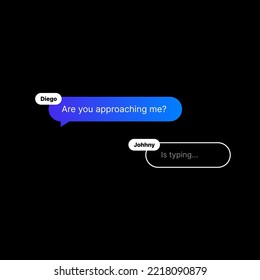 Online Messenger Interface Illustration. Social Media UI Concept on Black Background. Two Editable Speech Bubbles with User Names and Reply Message Typing. Web Element for Mobile Applications. Vector