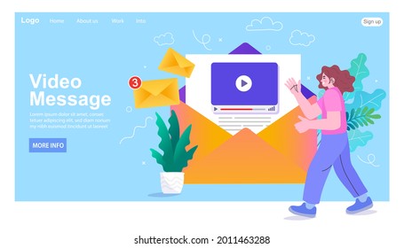 Online messenger or internet application. Woman watching video message in envelope. Email Digital Marketing Online Communication. Social Media Concept. Modern flat vector illustration