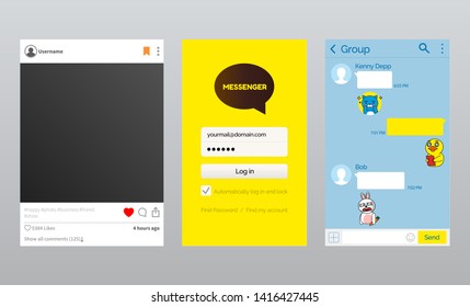 Online messenger and photo app, Korean kakao talk vector. Blank post, like and comment, chat or dialog and log in start page, modern communication