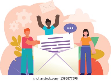 Online messenger, receive or send letter, email, message. People stand near big letter. Poster for social media, web page, banner, presentation. Flat design vector illustration