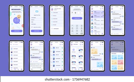 Online messenger unique design kit for app. Social network screens with user menu and profile, contacts, chat with keyboard. Mobile messenger UI, UX template set. GUI for responsive mobile application