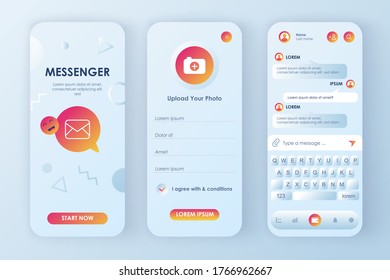 Online messenger unique design kit for app. Social network texting service with user profile and chat keyboard. Mobile messenger UI, UX template set. GUI for responsive mobile application.