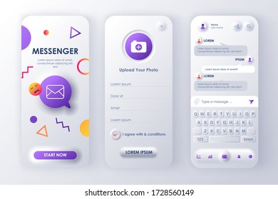 Online Messenger Unique Neumorphic Design Kit For App Neumorphism Style. Social Network Screens With User Profile. Mobile Messenger UI, UX Template Set. GUI For Responsive Mobile Application.