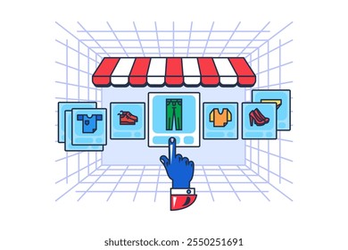 Compras metaversales en línea. Interfaz de usuario para elegir la compra en la tienda de realidad virtual. Consumismo cibernético. Vector de dibujos animados de color en estilo futurista cómico aislado sobre fondo blanco