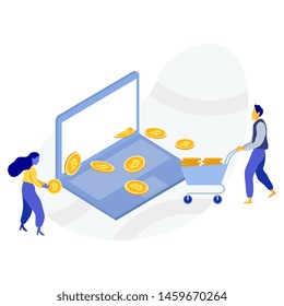 Online mining Trading crypto currency vector flat illustration. Modern data analysis, finance statistic, data come out from phone, flat style illustration 