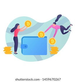 Online mining Trading crypto currency vector flat illustration. Modern data analysis, finance statistic, data come out from phone, flat style illustration 