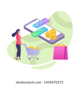 Online mining Trading crypto currency vector flat illustration. Modern data analysis, finance statistic, data come out from phone, flat style illustration 