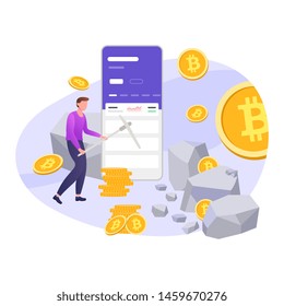 Online mining Trading crypto currency vector flat illustration. Modern data analysis, finance statistic, data come out from phone, flat style illustration 