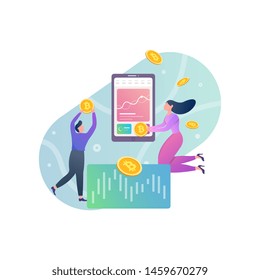 Online mining Trading crypto currency vector flat illustration. Modern data analysis, finance statistic, data come out from phone, flat style illustration 