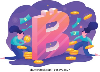 Online mining Trading crypto currency vector flat illustration. Modern data analysis, finance statistic, data come out from phone, flat style illustration 