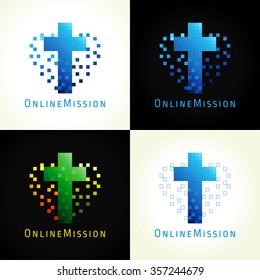 Online mission logotype. Pixelated church vector logo. Lighting crucifixion pixels digital heart. Yellow red blue green learn colored template. Religious educational isolated abstract branding symbol.