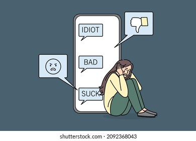 Online misunderstanding and fight concept. Sad depressed young girl sitting crying and covering head with hands remembering detail of busing online feeling unhappy vector illustration 