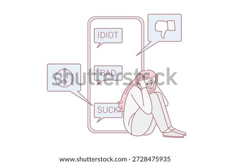 Online misunderstanding and fight concept. Sad depressed young girl sitting crying and covering head with hands remembering detail of busing online feeling unhappy vector illustration