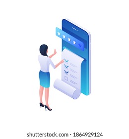 Ilustración isométrica del informe de aplicaciones móviles en línea. El personaje femenino lleva a cabo pruebas web de aplicación en smartphone y evalúa la calificación. Entrega de datos correcta y concepto de vector de soporte calificado.