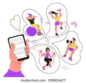 Online mobile app for sport trainings and fitness tracking, cartoon vector illustration isolated on white background. Banner with hand of person choosing kind of sport workout on mobile phone.