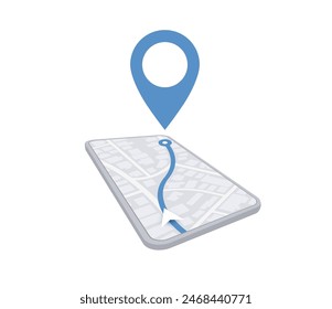 Online mobile application includes smartphone, road on the screen. Location with GPS map. Vector illustration with city map background