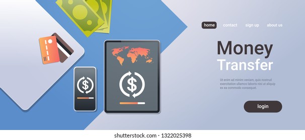 online mobile application internet banking payment money transfer concept top angle view desktop smartphone tablet screen credit card office stuff horizontal copy space