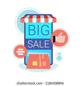 online mobile application internet shopping big sale concept smartphone screen shop app credit card payments transaction flat vector illustration