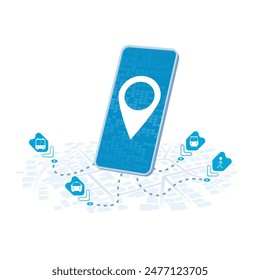 Online mobile application for navigation with different types of transportation. Smartphone, road on the screen and big pin. Location with GPS map. Vector illustration