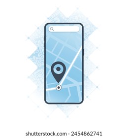 Online mobile application for navigation. Smartphone, road on the screen and big pin. Location with GPS map. Vector illustration with city map background