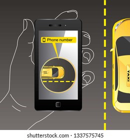 Online mobile application order taxi service.Vector taxi mobile app design.Phone in hand.Сar