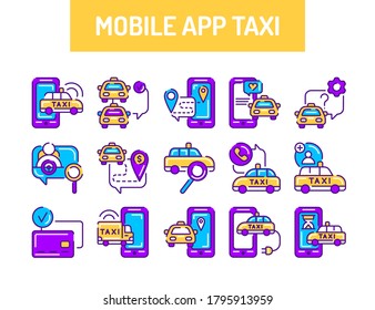 Online mobile application order taxi service color line icons set. Pictogram for web, mobile app, promo. UI UX design element