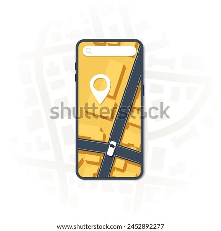 Online mobile application order taxi service. Taxi mobile app icon includes smartphone, road on the screen. Location with GPS map. Vector illustration with city map background