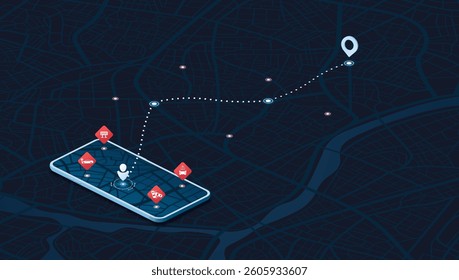 Online mobile application track closed turns on road. Highway disruptions. Accident road. Closed turns of the route, road. Generic city map with signs of streets. Vector illustration
