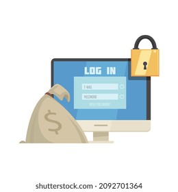 Online mobile bank composition with computer login page and images of lock with money sack vector illustration