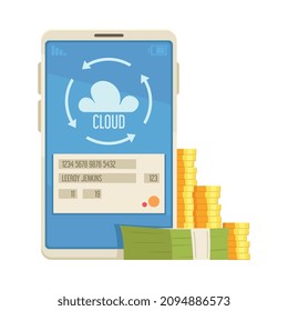 Online mobile bank composition with image of smartphone with cloud sync icon and stacks of cash vector illustration