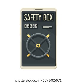 Online mobile bank composition with safe box door valve inside smartphone screen vector illustration