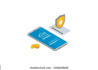 Online mobile bank. Isometric 3d smartphone with bank card and lock shield. Money transfer protection concept. Sending and receiving coins with mobile phones and credit card. Vector illustration
