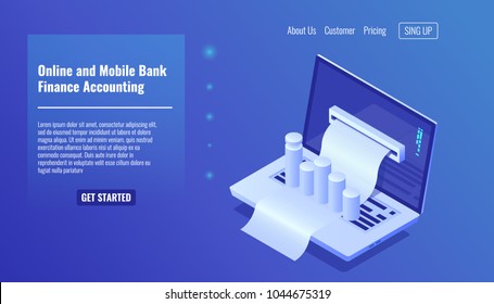 Online mobile banking concept, finance accounting, business management and statistic, distribution of the budget service isometric vecotr illustration
