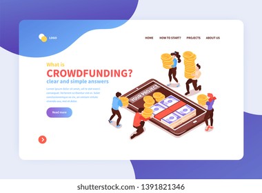 Online mobile banking concept isometric website banner with crowdfunding raising  money on smartphone screen symbol vector illustration