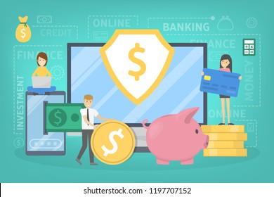 Online mobile banking concept. Making financial operations using digital device. Modern wireless technology. Electronic money transaction and mobile payment. Vector flat illustration