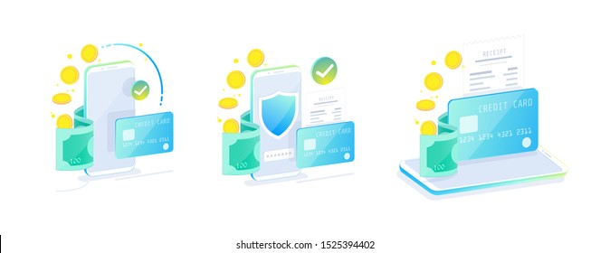 Online Mobile Banking and Internet banking isometric design concept , Cashless society, security transaction via credit card. Set of online payment for web design template vector