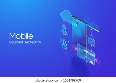 Online Mobile Banking And Internet Banking Isometric Design Concept , Cashless Society, Security Transaction Via Credit Card And Digital Payment With Secure System Vector