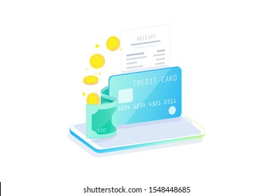 Online Mobile Banking and Internet banking isometric design concept , Cashless society, security transaction via credit card.