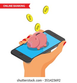 Online mobile banking isometric concept. Female hand holding a smartphone with a piggy bank in which the coins fall.  Financial, bankig and money saving isometric concept. 