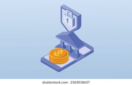 Online mobile banking. Isometric smartphone. Lockshield. Money transfer protection concept.on blue background.3D design.isometric vector design Illustration.