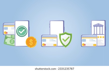 Banca móvil en línea. Pago en línea y pago electrónico de la factura. Transacción de seguridad. Conjunto de conceptos de diseño de aplicaciones de banca móvil.sobre fondo azul.Ilustración de diseño de vectores.